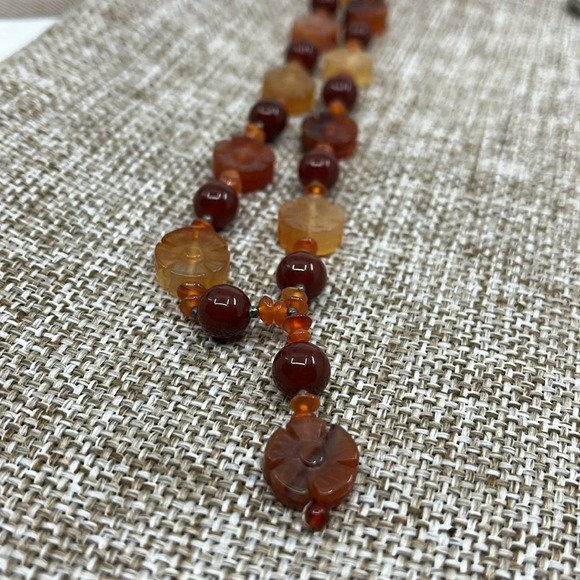 Vintage Amber & Red Jasper Flower Bead Necklace - 925 Silver, Adjustable 16-20" - Picture 9 of 11